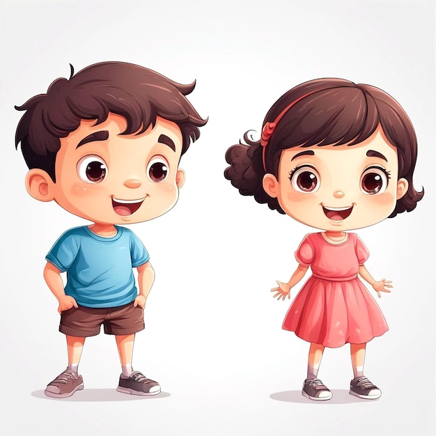 Foto ilustração de desenho animado de menino e menina em fundo branco