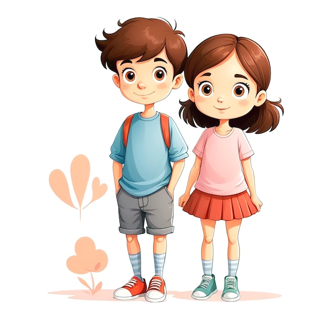 Foto ilustração de desenho animado de menino e menina em fundo branco