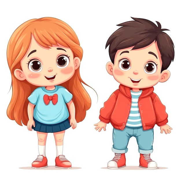 Foto ilustração de desenho animado de menino e menina em fundo branco