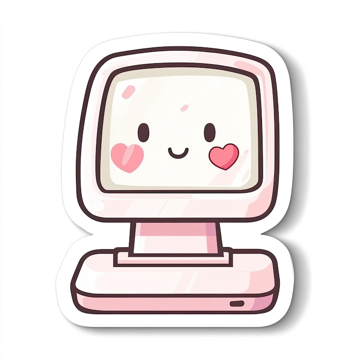 Foto ilustração de desenho animado de um computador rosa com um rosto sorridente e dois corações