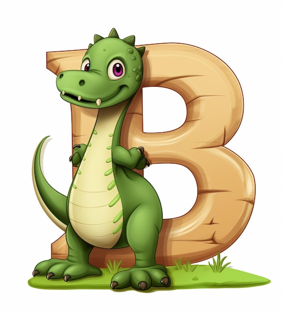 Foto ilustração de desenho animado de um dinossauro verde de pé ao lado de uma letra b generativa ai