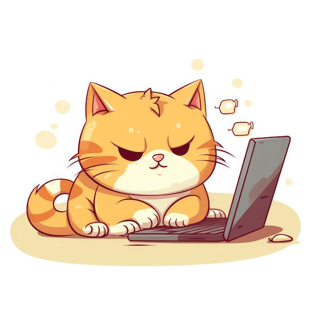 Ilustração de desenho animado de um gato trabalhando na frente de um computador gerado por IA Imagem