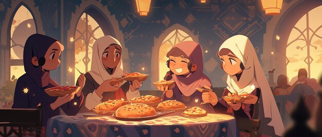ilustração de desenho animado de um grupo de pessoas comendo pizza em uma mesa