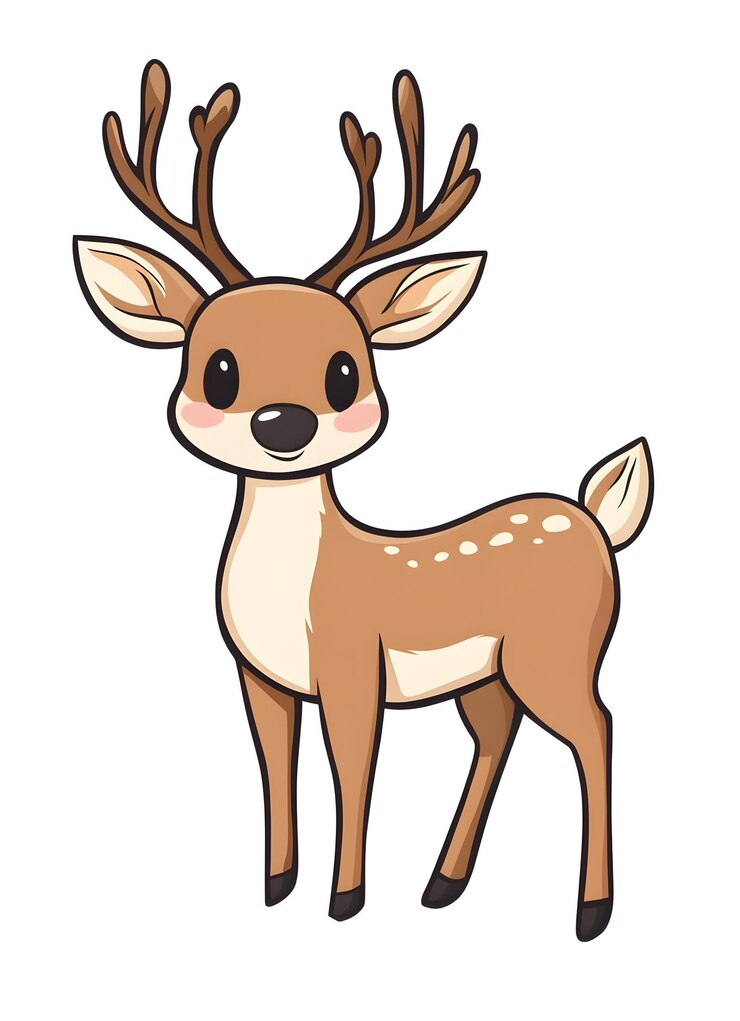 Foto ilustração de desenho animado de um lindo veado castanho com olhos grandes e chifres