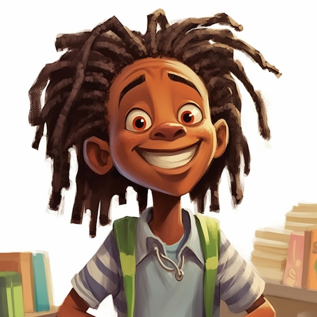 ilustração de desenho animado de um menino com dreadlocks e uma mochila generativa ai