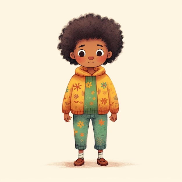 Foto ilustração de desenho animado de um menino com um suéter amarelo e calças verdes