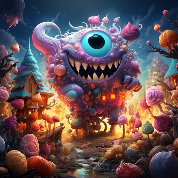 ilustração de desenho animado de um monstro em uma terra de doces com doces e doces generativo ai