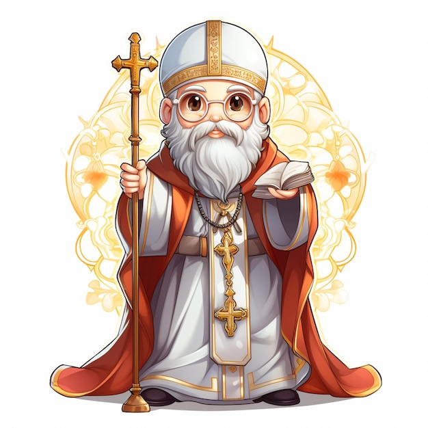 Ilustração de desenho animado de um padre com um bastão e uma cruz generativa ai