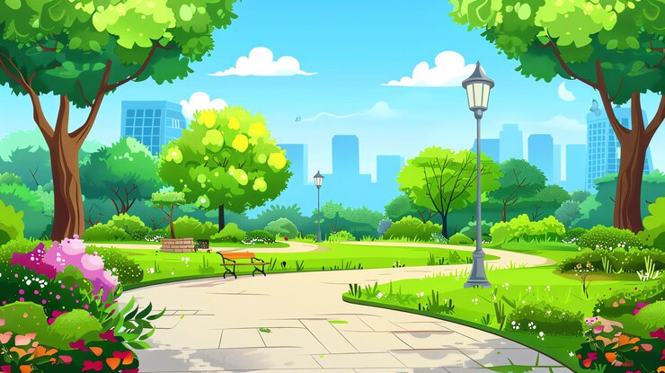 Foto ilustração de desenho animado de um parque com um banco, árvores verdes e grama, céu azul e edifícios da cidade ao fundo