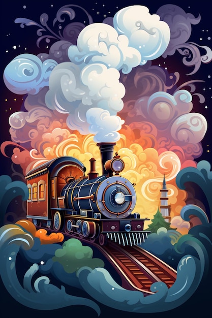 ilustração de desenho animado de um trem de máquina a vapor viajando pelo céu noturno