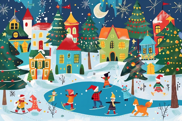 Ilustração de desenho animado de uma aldeia de Natal caprichosa com casas coloridas árvores decoradas para o h