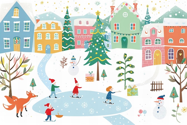Ilustração de desenho animado de uma aldeia de Natal caprichosa com casas coloridas crianças patinação no gelo em um