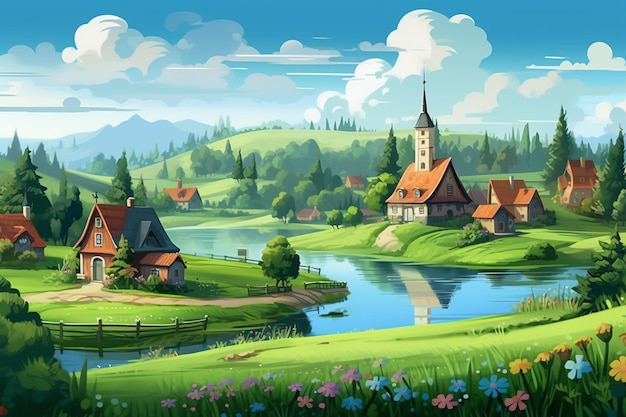 Ilustração de desenho animado de uma aldeia rural com um rio e uma igreja