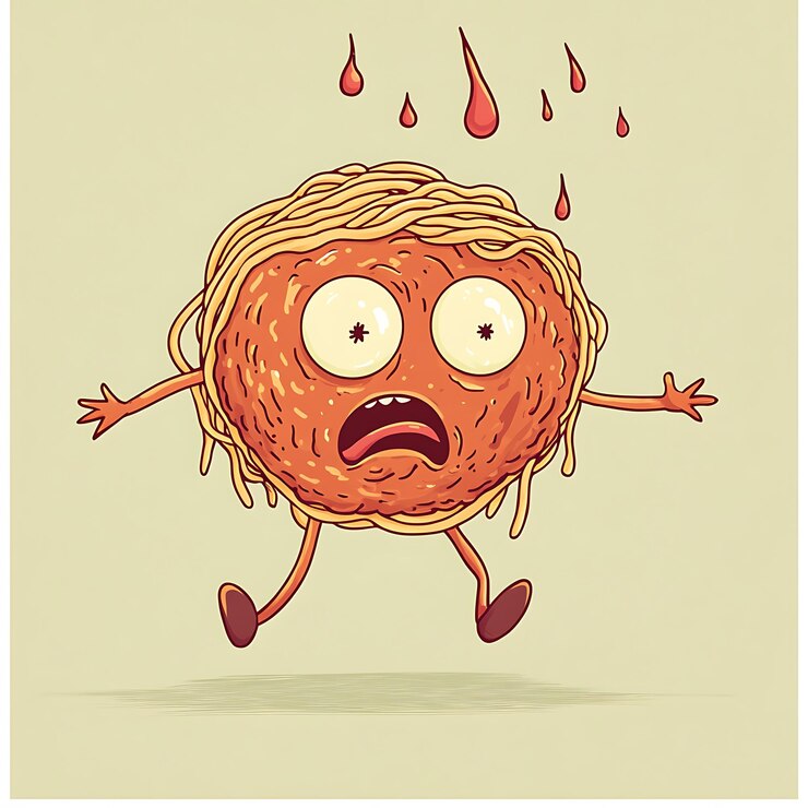 Foto ilustração de desenho animado de uma batata frita com muito cabelo fugindo da chuva
