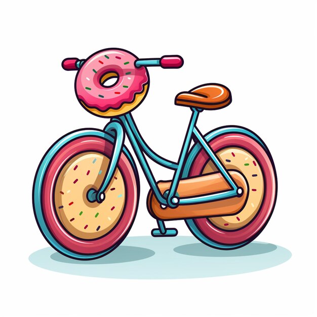 Foto ilustração de desenho animado de uma bicicleta coberta de donuts com aspersões