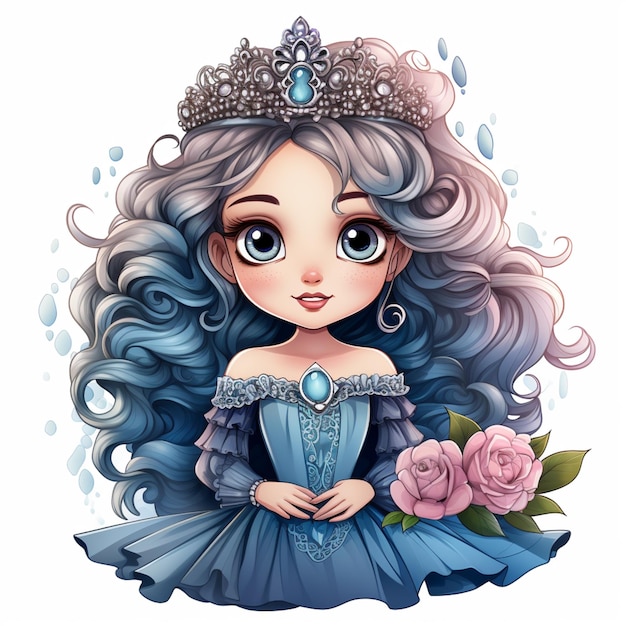 ilustração de desenho animado de uma bonita princesa com cabelo azul e uma ai generativa tiável