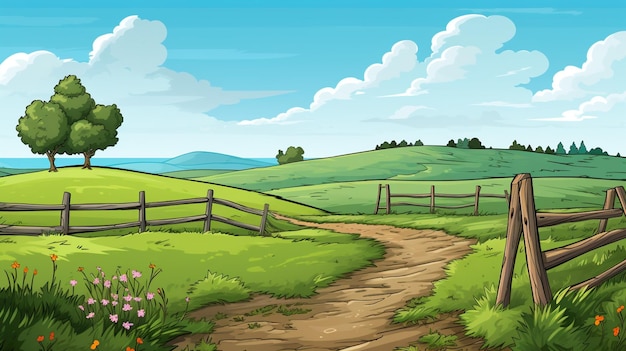 Foto ilustração de desenho animado de uma estrada de campo em um campo verde com uma cerca generativa ai