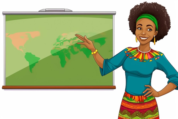 Ilustração de desenho animado de uma feliz professora africana ao lado do quadro em uma sala de aula