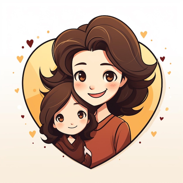 ilustração de desenho animado de uma mãe e filho em uma moldura em forma de coração