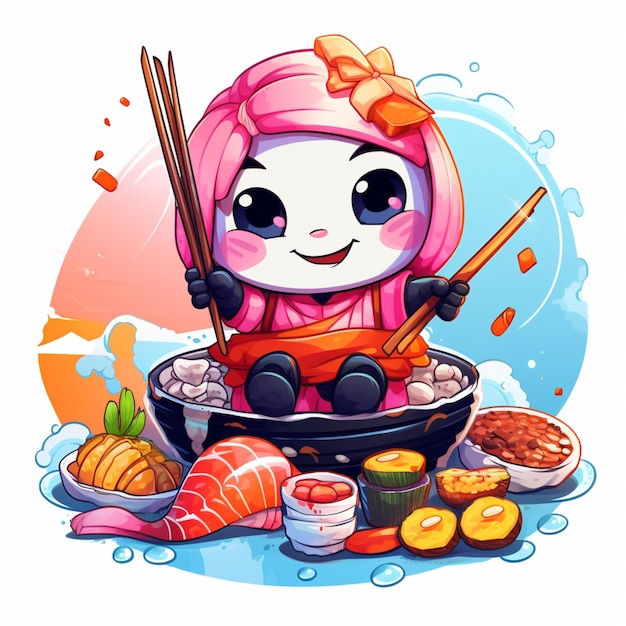 Foto ilustração de desenho animado de uma menina com pauzinhos e sushi