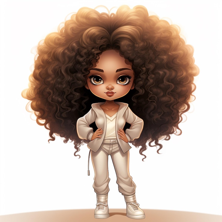 Foto ilustração de desenho animado de uma menina com um grande cabelo afro generativo ai