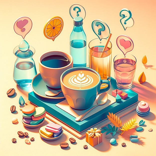 Foto ilustração de desenho animado de uma mesa com café