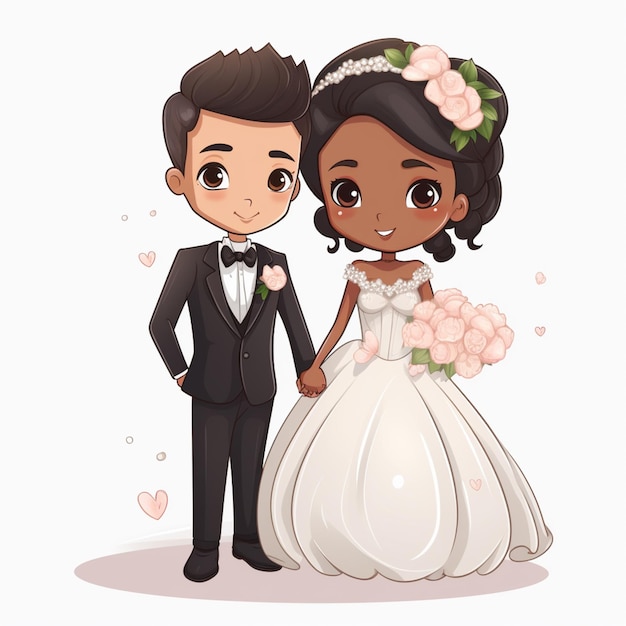 Foto ilustração de desenho animado de uma noiva e um noivo de pé juntos