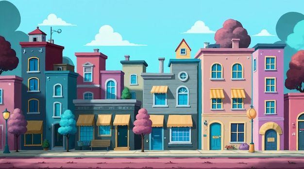 Ilustração de desenho animado de uma paisagem urbana colorida com edifícios, lojas e árvores