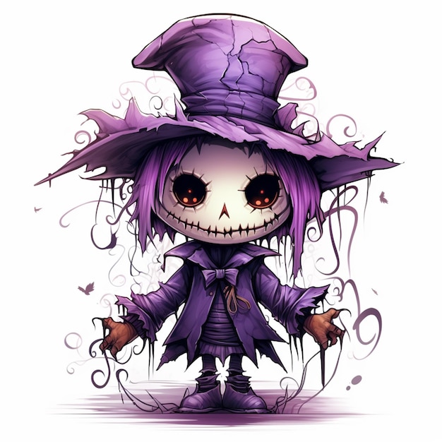 ilustração de desenho animado de uma pequena bruxa fofa com um chapéu roxo e cabelo roxo ai generativo