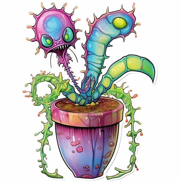 Foto ilustração de desenho animado de uma planta com um rosto estranho e um vaso de flores generativo ai