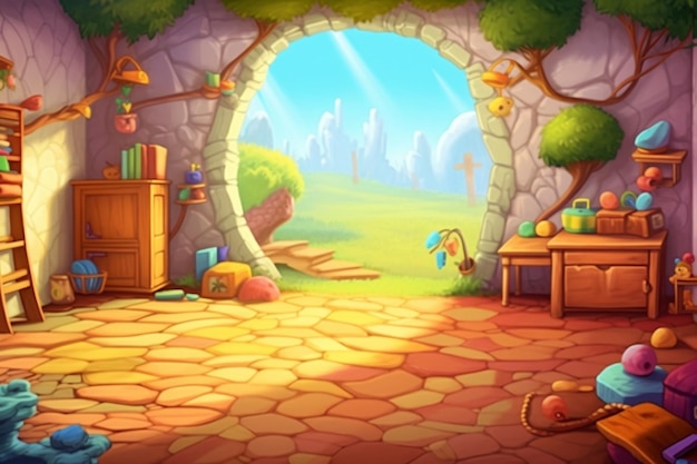 ilustração de desenho animado de uma sala de fantasia com um chão de pedra e um arco de pedra
