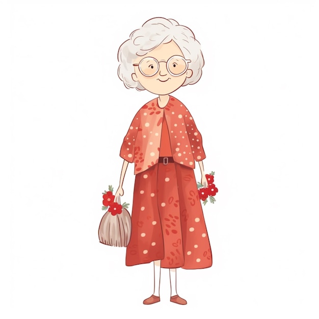Foto ilustração de desenho animado de uma velhota com uma cesta de flores generativa ai