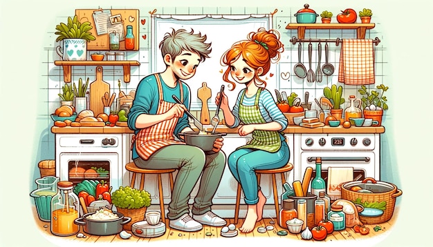 Ilustração de desenho animado desenhada à mão de um casal cozinhando juntos na cozinha