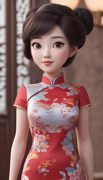 Ilustração de desenho animado desenhada à mão de uma menina bonita vestindo um vestido chinês