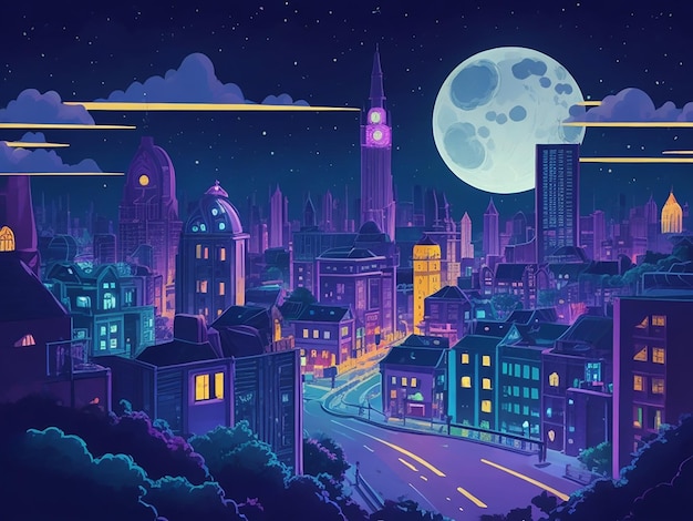 Ilustração de desenho animado em tom roxo da cidade noturna