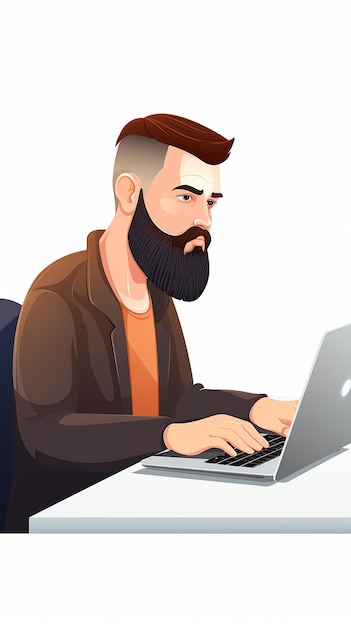 Foto ilustração de desenho animado homem trabalhando em laptop em fundo branco