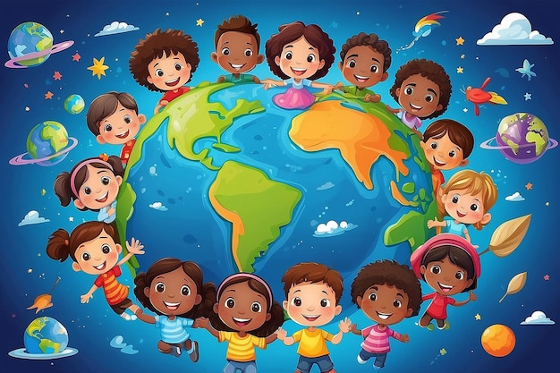 Ilustração de desenho animado infantil multicultural no planeta Terra