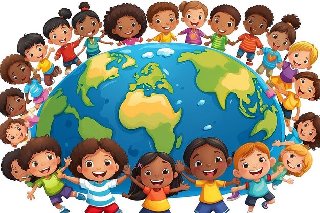 Ilustração de desenho animado infantil multicultural no planeta Terra