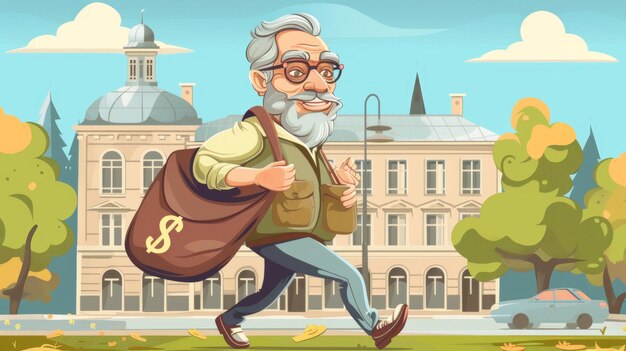 Ilustração de desenho animado moderno de um homem idoso com uma grande bolsa com um sinal de dólar caminhando ao longo de uma rua da cidade Banner de seguro de investimento de cuidados de aposentadoria para aposentados