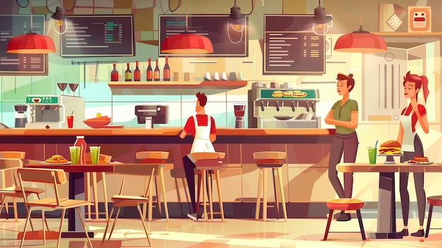 Ilustração de desenho animado moderno do interior da pizzeria com funcionários do sexo masculino e feminino no balcão sanduíches de pizza batatas fritas refrigerantes mesas e cadeiras de máquinas de café