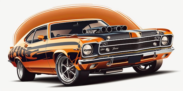 Foto ilustração de desenho animado realisitc gerado por ia de carro esportivo muscle car mustang em estilo vintage retro ilustração gráfica generativa de ai