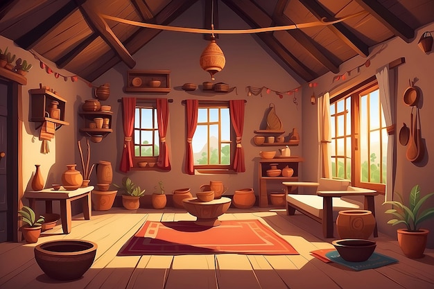 Ilustração de desenho animado vetorial do interior de uma casa de aldeia indiana