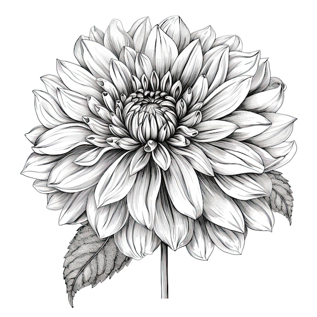 Ilustração de desenho de flor Dália branca preta linha arte isolada livro de colorir floral branco