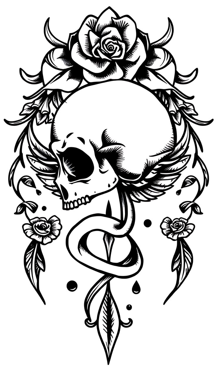 Foto ilustração de desenho de tatuagem de crânio desenhado à mão com asas e rosas