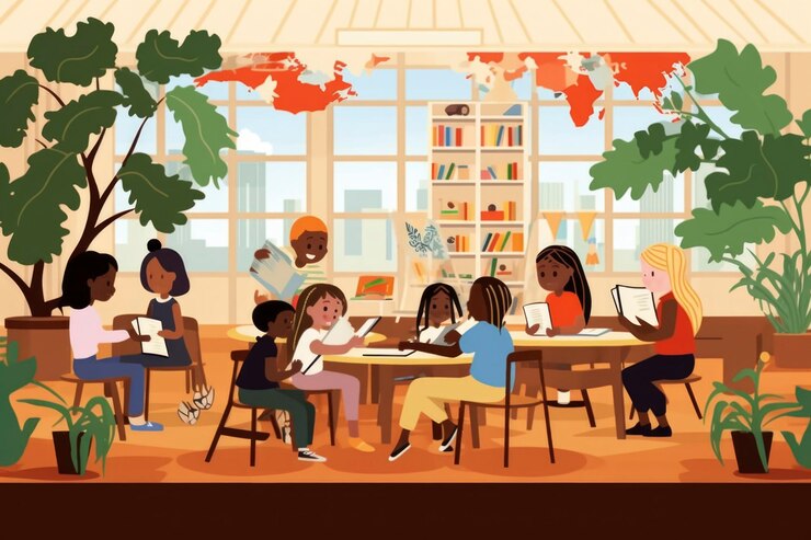 Foto ilustração de desenhos animados de crianças, adolescentes, vida escolar e atividades