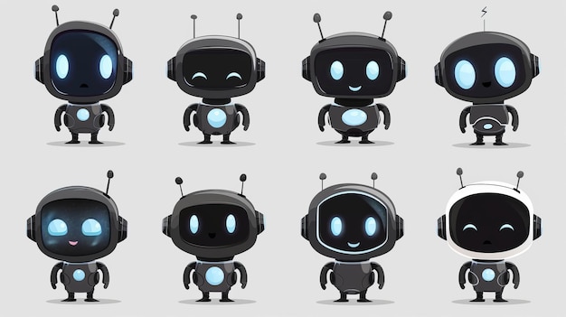 Ilustração de desenhos animados modernos isolados de personagens bonitos de bots pretos com emoções em tela de led enfrentam antenas em cabeças usando tecnologia de inteligência artificial em aplicativos de serviço e chatbots