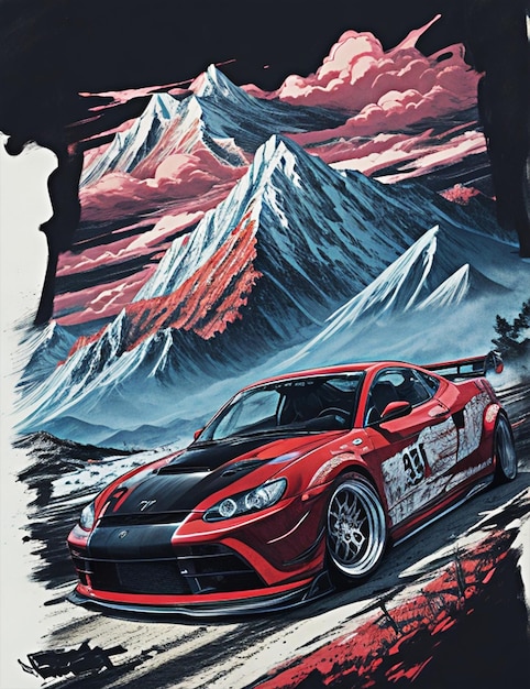 ilustração de design de camiseta carro à deriva montanhas cena dramática estilo anime ultra hd realis