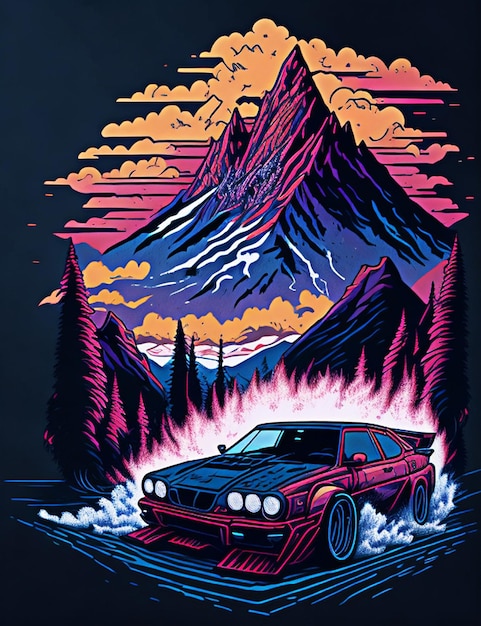 ilustração de design de camiseta carro à deriva montanhas cena dramática estilo anime ultra hd realis