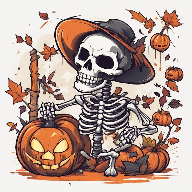 ilustração de design de camiseta vetorial esqueleto kawaii comemorando o dia das bruxas alto detalhe