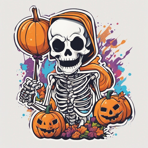 ilustração de design de camiseta vetorial esqueleto kawaii comemorando o dia das bruxas alto detalhe